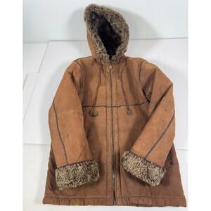 Outbrook Leather Hooded Long Winter Parka Coat Suede Faux Fur Lined Brown Nordic